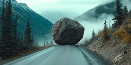 Colossal Boulder Blocks Misty Mountain Road, Symbolizing Isolation and Nature s Power.の素材