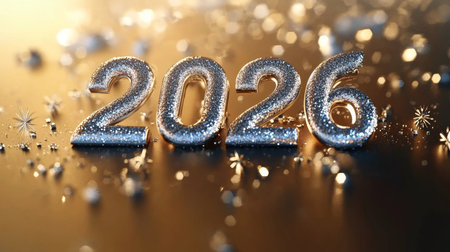 Sparkling Silver 2026 New Year Celebration on a Golden Bokeh Background with Festive Glitterの素材