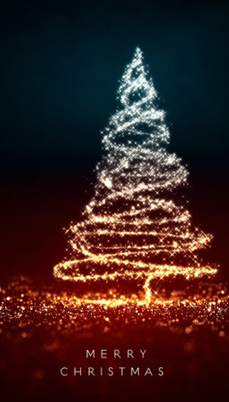 Abstract, Sparkling Christmas Tree with Glowing Lights on a Dark Red Background, Happy Holidays.の素材