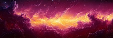 Vibrant Space Scene with a Fiery Nebula, Shimmering Stars, and Warm Shades. Exploring.の素材