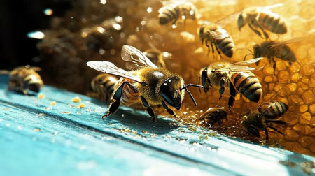 Busy Bees on Honeycomb A Close-Up View of Hardworking Insects in Their Natural Habitatの素材