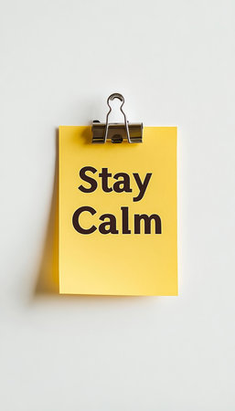 Stay Calm Reminder on a Bright Yellow Sticky Note, Isolated on White Background with Copy Spaceの素材