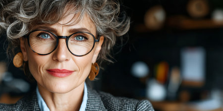 Confident Senior Businesswoman in Eyeglasses, Modern Office Background with Copy Space.,の素材