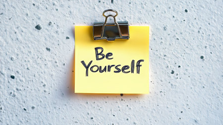 Yellow Sticky Note With Be Yourself Message, Attached To A Concrete Wall With A Binder Clip.の素材