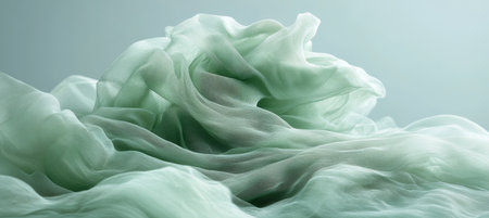 Abstract Background Flowing Waves of Delicate Olive Green Fabric. Minimalist Monochrome Aesthetic.の素材
