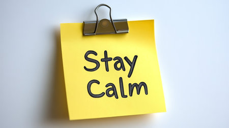 Yellow Sticky Note with Clip, Featuring a Stay Calm Message, Isolated on a White Background.の素材