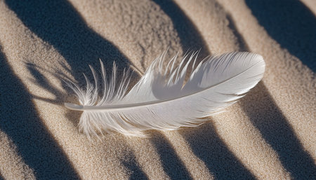White Feather on Sunlit Sand, Minimalist Nature Photography, Serene Simplicity, Tranquility Conceptの素材