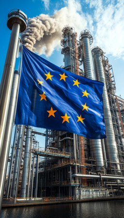 European Union Flag and Industrial Smokestacks Environmental Impact, CO2 Emissions, and Policy.の素材