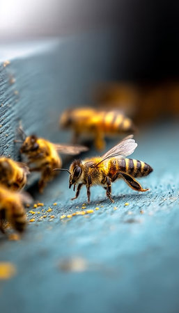 Busy Honey Bees Returning to the Hive After a Long Day of Collecting Nectar and Pollen.の素材