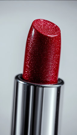 Close-up Glamour Shimmering Burgundy Lipstick Sparkles Against a Pristine White Backdropの素材