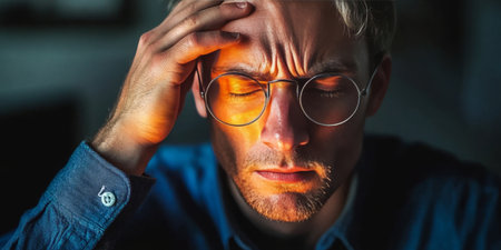 Close-up Portrait of Stressed Man Suffering from Intense Headache, Rubbing Temples in Agonyの素材