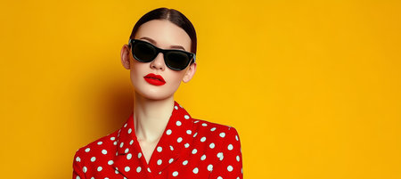 Fashion Portrait of Beautiful Young Woman in Sunglasses and Red Polka Dot Dress on Yellow Backgroundの素材