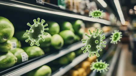 Unseen Hygiene Risks Bacteria, Viruses, Germs, And Covid Threat In Grocery Store Produce Sectionの素材