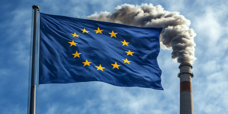 EU Flag With Industrial Smokestack And Smoke, Environmental CO2 Emission Policy Theme.の素材