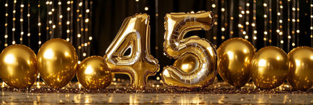 Golden Number 45 Balloons With Festive Particles and Elegant Golden Balloons For 45th Birthdayの素材