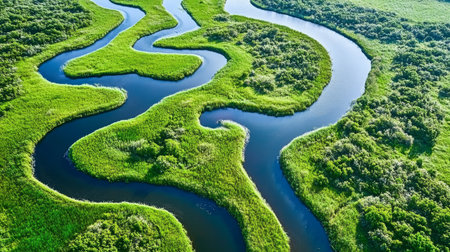 Winding River Through Lush Wetlands Aerial Perspective of Nature s Beauty and Tranquility.の素材