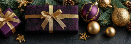 Elegant Purple and Gold Xmas Presents, Pine Branches, and Gold Decorations, Copy Spaceの素材