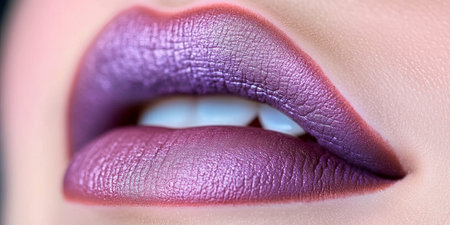 Close Up of a Woman s Purple Metallic Lips, Showing Off a Bold and Glossy Lip Makeup Lookの素材