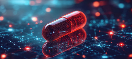 Red Digital Pill Reflecting on Futuristic Network Background, Concept for AI in Precision Medicineの素材