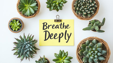 Breathe Deeply Yellow Note Surrounded by Lush Green Succulents on a Clean White Backgroundの素材
