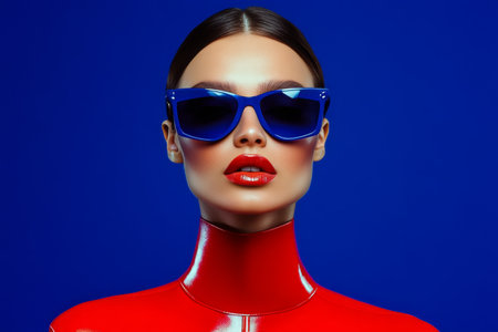 Fashion Portrait. Stylish Woman Red Glossy Outfit Blue Sunglasses Staring, Blue Backgroundの素材