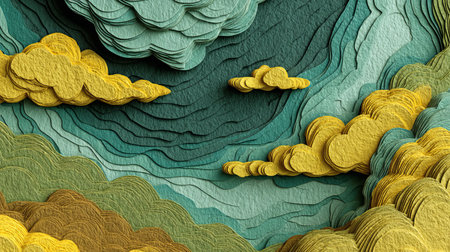 Abstract Paper Carved Background, Muted Mustard, Sage Green Wave Patterns, Nature Inspired Designの素材