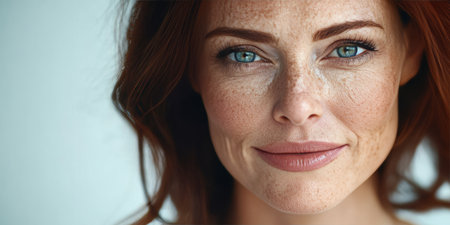 Portrait Of Beautiful, Smiling Mid-Adult Woman With Freckles Looking Directly At Cameraの素材