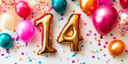 Golden Number 14 Balloons With Colorful Balloons And Confetti, Celebrating A Fourteenth Birthdayの素材