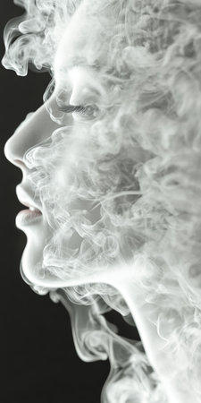 Woman s Profile From White Smoke on Black, Abstract Female Figure Swirling Wispy Clouds,の素材