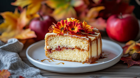 Autumn Spice Cake Slice with Caramel Glaze and Edible Flowers Against Rustic Backgroundの素材