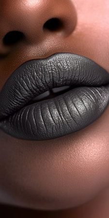 Close Up Of Shiny Grey Metallic Permanent Lipstick On Full Woman s Lips, Skincare Conceptの素材