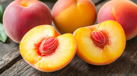 Freshly Picked Organic Peaches on Rustic Brown Wood, Ripe and Juicy Halved Fruit for Healthy Eatingの素材