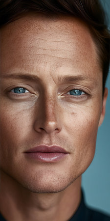 Close Up Portrait of a Mature Man with Freckles and Clear Skin Against a Soft Pastel Backgroundの素材