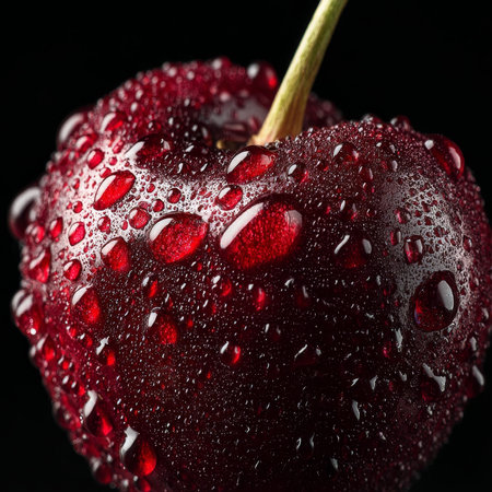 Close-Up of a Ripe, Red Cherry Covered in Water Droplets, Isolated on Black Backgroundの素材
