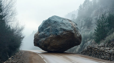 Imposing Boulder Blocks Misty Mountain Road A Symbol of Nature s Power and Isolation.の素材