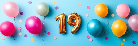 Golden Number 19 Balloon For 19th Birthday Celebration With Colorful Festive Balloons And Confettiの素材