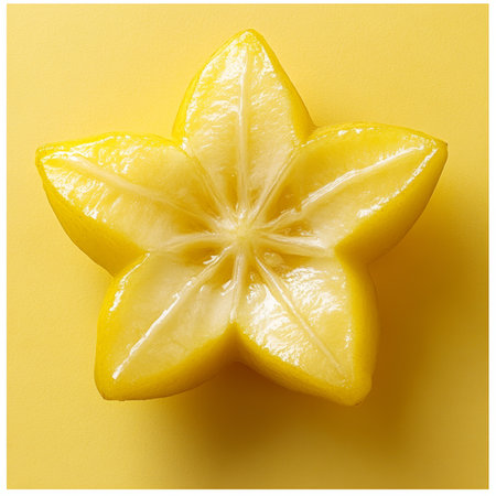 Isolated Starfruit Vibrant Yellow Tropical Fruit in a Perfect Star Shape Against Yellow Backgroundの素材
