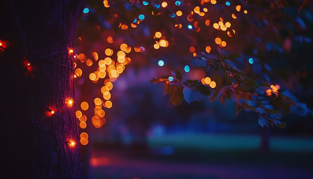 Glowing Blue and Orange String Lights on a Tree at Twilight with Bokeh, Creating a Magical Ambianceの素材