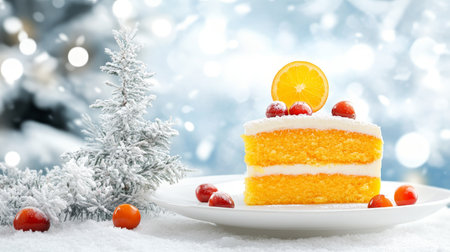 Festive Slice of Cranberry Orange Cake on a Snowy Background with a Miniature Christmas Treeの素材