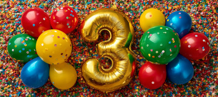 Golden Number 3 Balloon Surrounded by Festive Helium Balloons and Confetti Backgroundの素材