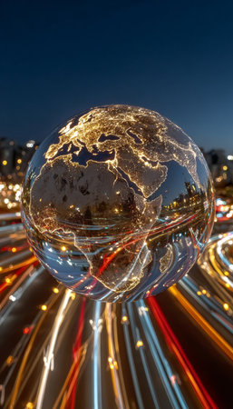 Globe Reflecting Vibrant City Lights and Dynamic Motion, Illuminated Urban World in Motion Blurの素材