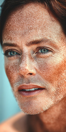 Close Up Portrait Of A Woman With Sun-Kissed Skin And Freckles, Highlighting Natural Beautyの素材