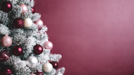 Close-up of a Frosted Christmas Tree Adorned with Maroon and Silver Frosted Ornamentsの素材