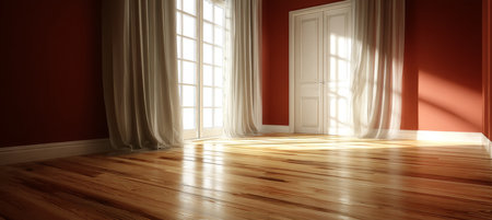 Empty minimalist room interior with wooden floor, white door, windows and sunlight, 3d renderingの素材