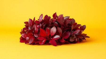 Vibrant Red Barberry Foliage, Isolated on Yellow Background, Minimalistic Nature Concept.の素材