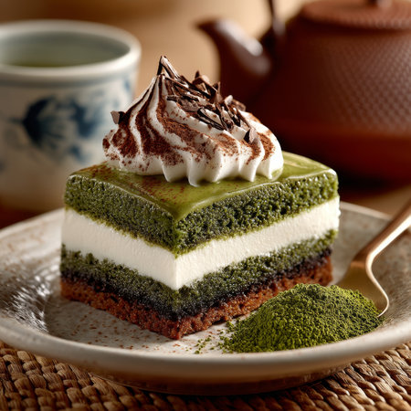 Close-Up Of Layered Matcha Cake With Whipped Cream Cheese Frosting, Sprinkled With Matcha Powderの素材