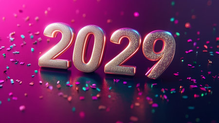 2029 New Year Celebration, Silver Numbers with Festive Confetti on Vibrant Backgroundの素材