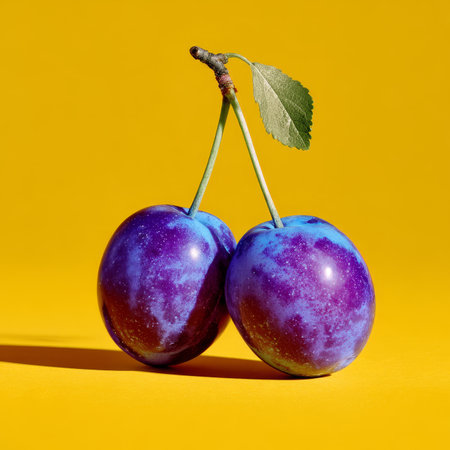 Two Ripe Purple Plums, Deep Purple with Blue Tones, Smooth Skin, Isolated on Vivid Yellow Backgroundの素材