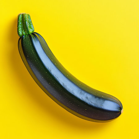 Vibrant, Shiny Green Zucchini Isolated on a Striking Yellow Background, Fresh Produce Photographyの素材
