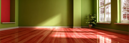 Minimalist Design Interior Featuring Daylight in a Clean Green Room with Artistic Wall and Sunlightの素材